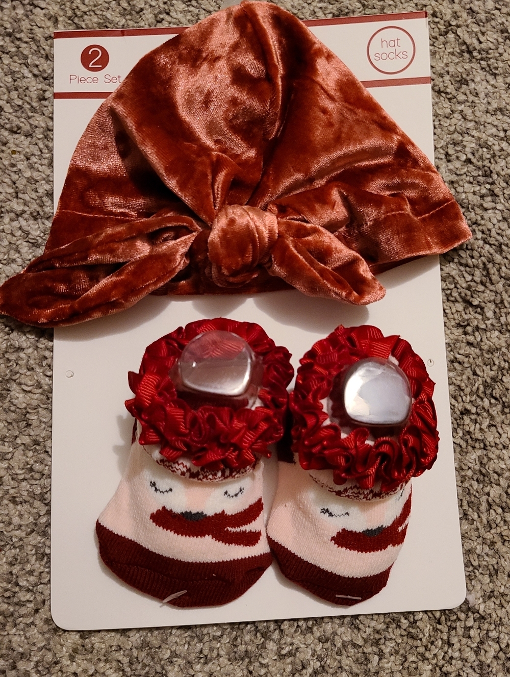 Velvet Knot Hat and Red Ruffle Baby Socks Set